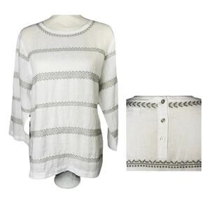 J. Jill Love Linen Medium Top Blouse White Embroidered Stripe 3/4 Button Back